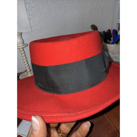 Halston Wool Red Black Bow Fedora Hat 5923 100% Wool Vintage Style Round - Picture 6 of 6